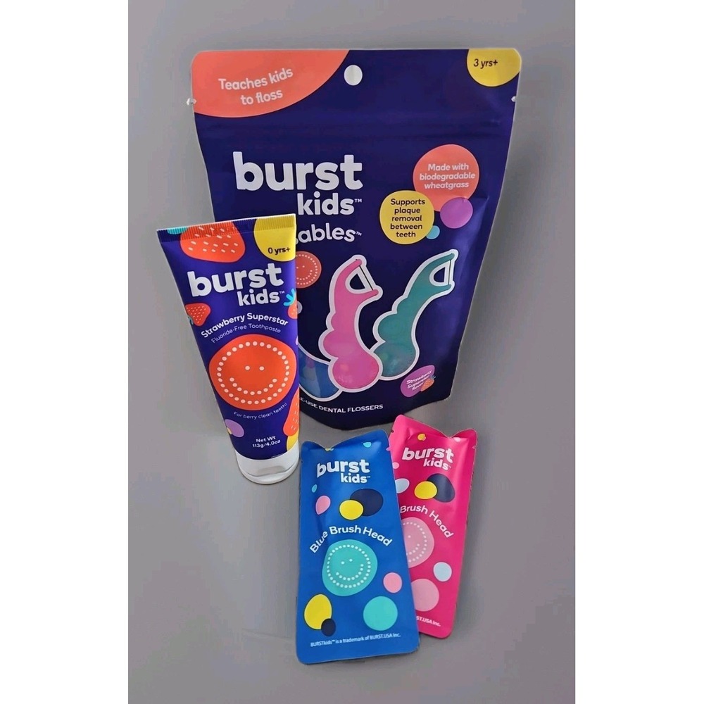 Burst Kids Brush Head Set Of 2, 90 Flossables And Strawberry Toothpaste